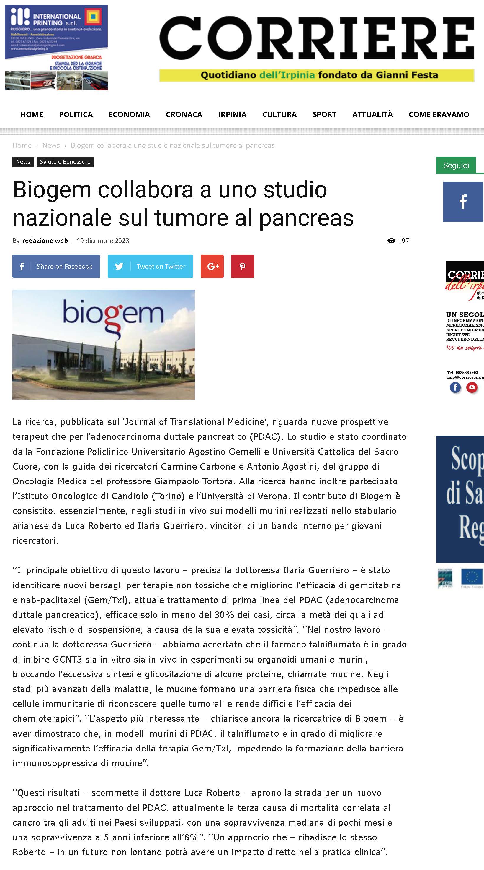Biogem collabora a uno studio nazionale sul tumore al pancreas